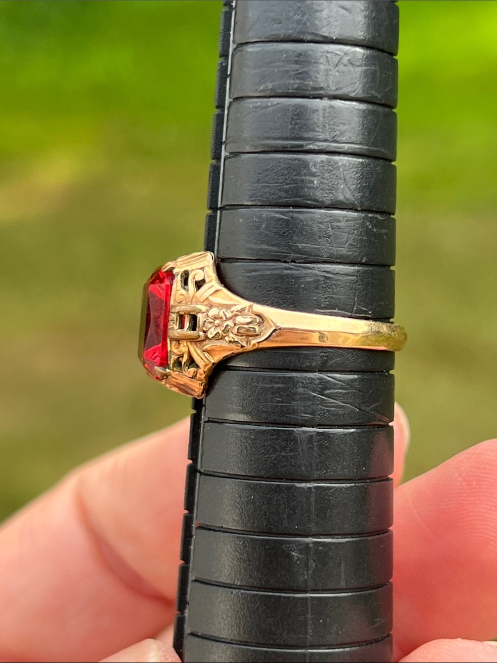 Antique Art Deco Uncas 14k Rolled Gold Plated Red Paste Faceted Glass Ring - Picture 4 of 12